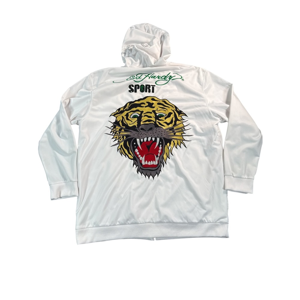 Vintage Ed Hardy Sport Hoodie Men's 2XL‎ White Tiger Full Zip Christian Audigier